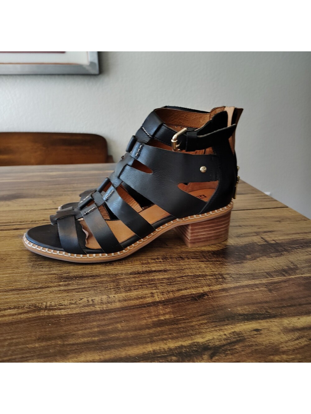 Pikolinos Blanes Leather Black Women's Heeled Block Sandals w/ Zipper 40 /10